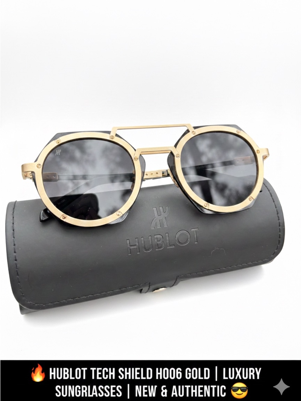Hublot Gold Round Metal Sunglasses with Black Lenses - Picture 5 of 7